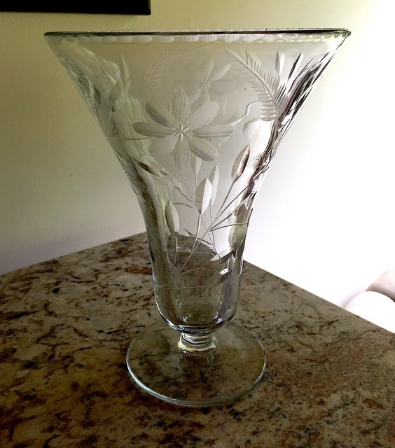 Antique Bohemian Czech Fine Lead Crystal Vase, Etched Flowers Decor, 10" x 7.5 eBay