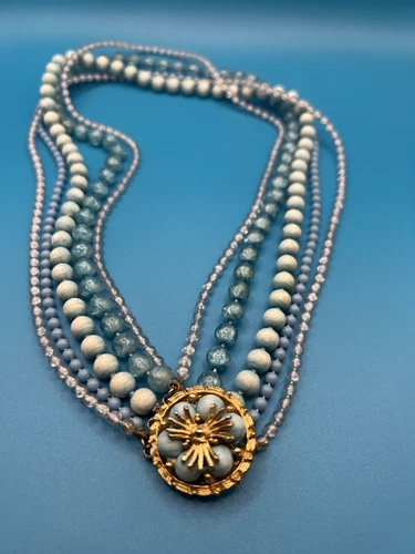 Vintage Ocean Blue 5 Strand Costume Jewelry Necklace W/ Gold Sunburst Clasp