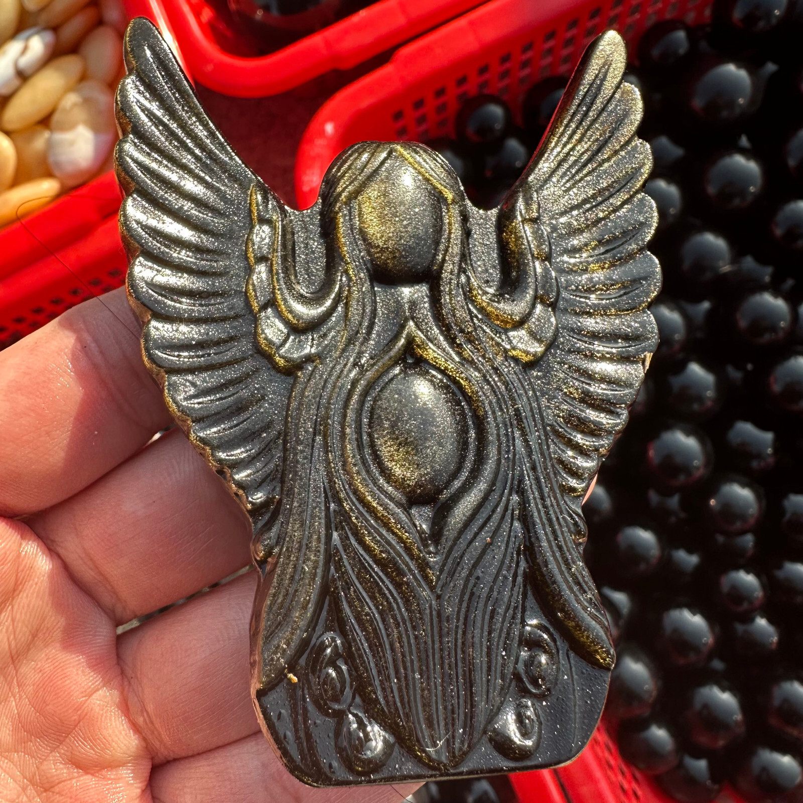 Natural Gold Obsidian Angel Goddess Quartz Skull Crystal for Reiki Healing