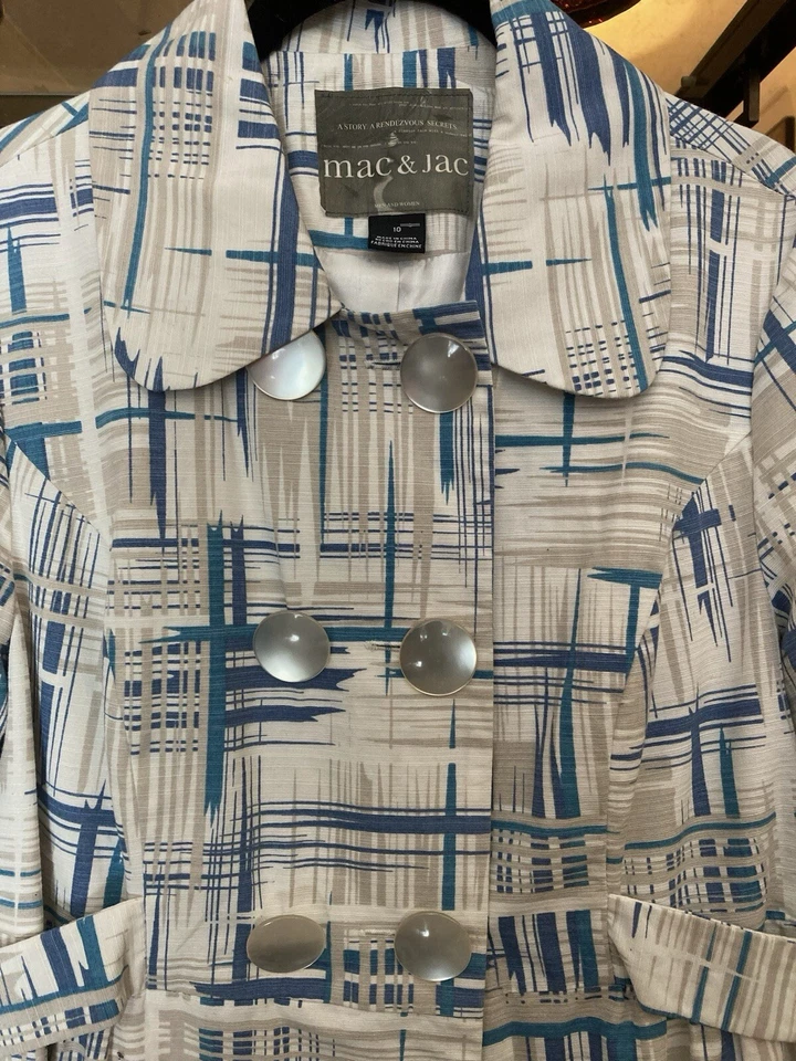 Mac & Jac White Blue Patterned Trench Jacket with pearlescent buttons size 10 - Изображение 3 из 4