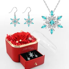 Romantic Snowflake Pendant Necklace & Earrings - Sky Blue Crystal Zirconia Gift 