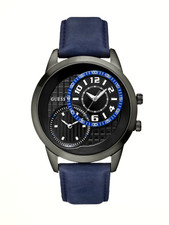 NEW GUESS GUNMETAL TONE,NAVY BLUE LEATHER BAND 2 TIME ZONE WATCH U11666G3