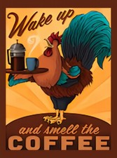 Wake up and smell the coffee Rooster tray of cups drink farm morning  MAGNET