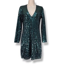 Express Emerald Green Sequin Long Sleeve V-Neck Mini Dress Size M Holiday Party