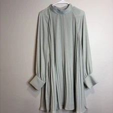 H&M Dress Sz XL Women's Sea Blue Green Poly Pleated Sheath Minimalist Hippie