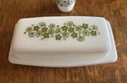 Vtg Pyrex Milk Glass BUTTER DISH w LID Spring Blossom Crazy Daisy White Green
