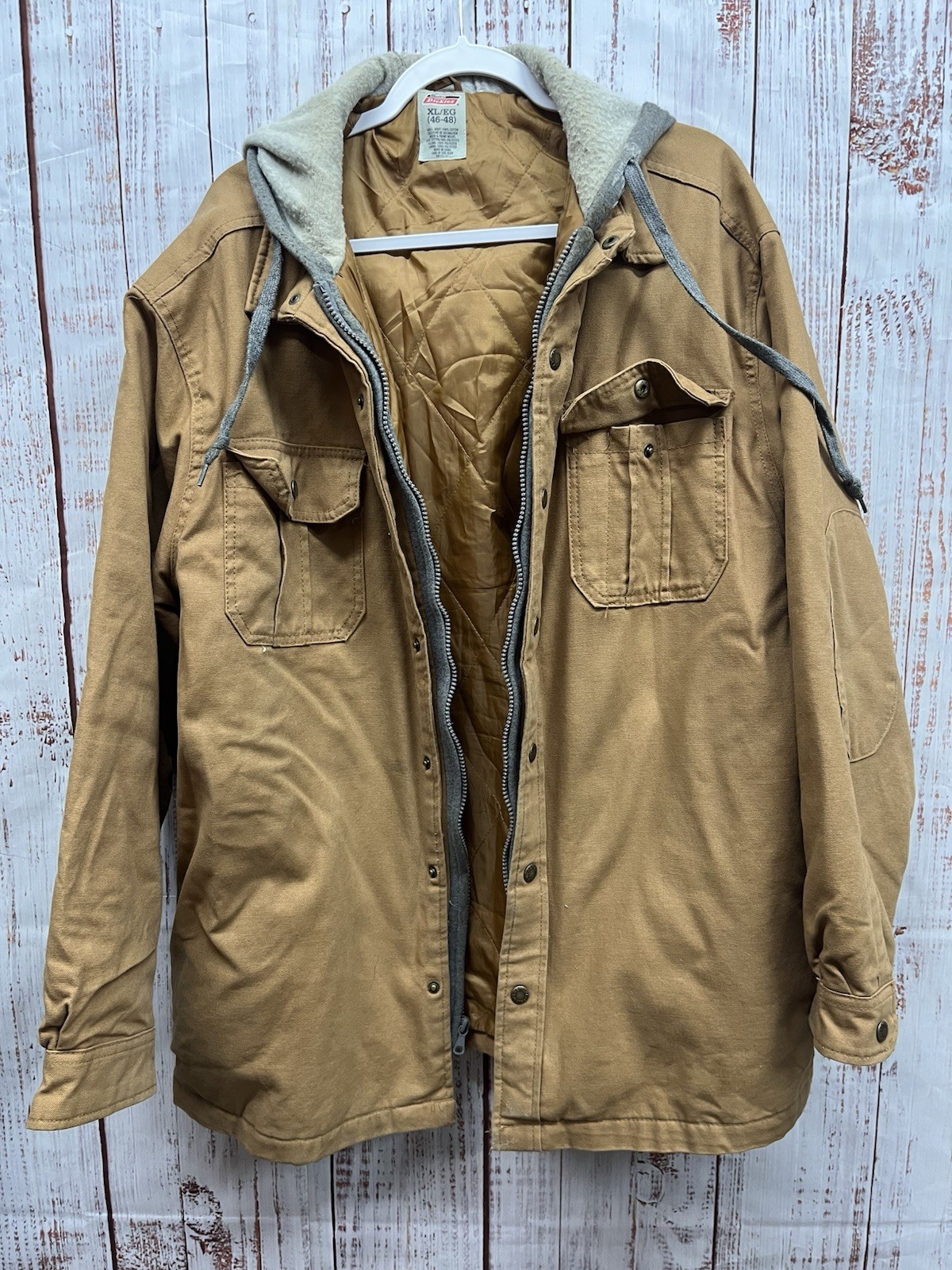 Genuine Dickies Jacket Mens X-Large Brown Hooded Workwear Quilted Canvas Coat