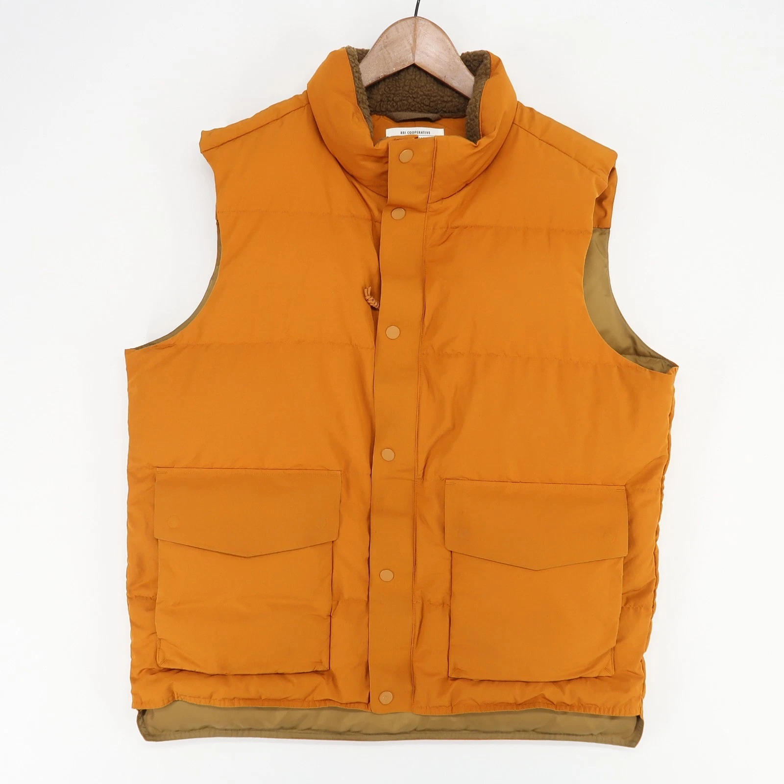 REI Down Vest Mens L Rust Orange Insulated Puffer Outdoor Hiking Sherpa Collar