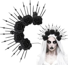 Gothic Halo Crown Flower Headband Black Rose Skeleton Sunburst Spike Flower Skul