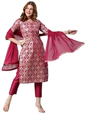 GoSriKi Women's Banarasi Woven Straight Embellished Printed Kurta with Pant &...