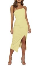 Lyaner Canary Yellow Asymmetric One Shoulder High Slit Bodycon Midi Dress Small
