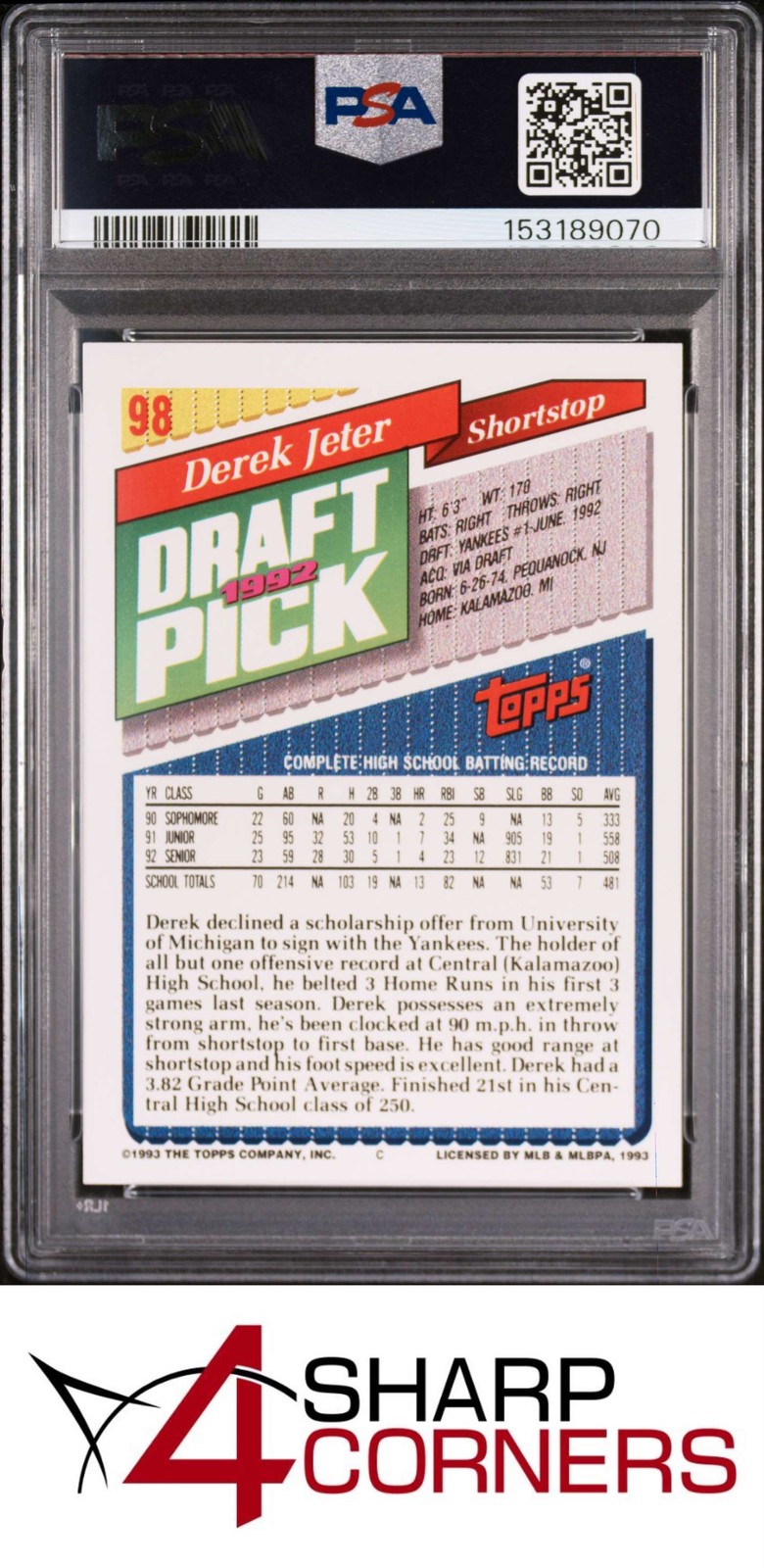 1993 TOPPS #98 DEREK JETER RC YANKEES HOF PSA 9 view 2