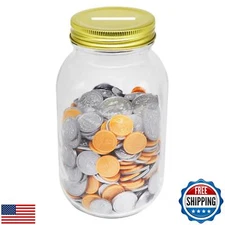 Mczxon Clear Glass Coin Bank Jar with Slotted Gold Lid, Money Coin Tip Piggy 