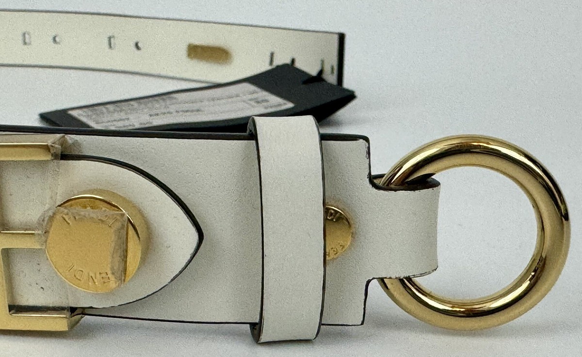 NEW FENDACE FENDI Soft Gold Logo Met White Calf Leather Belt