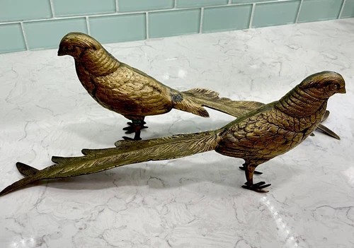 Pair of  Vintage MCM Brass Bird Of Paradise Pheasant Bird Figurines Statues