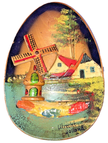 Peinture de paysage hollandaise sur bois de saule en forme d'œuf - Photo 1 sur 9