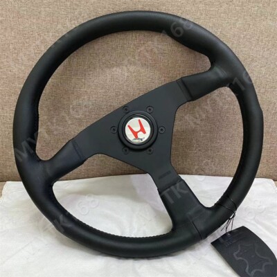 Honda H Red logo horn Leather Drift Sport Steering Wheel For 14inch Black line
