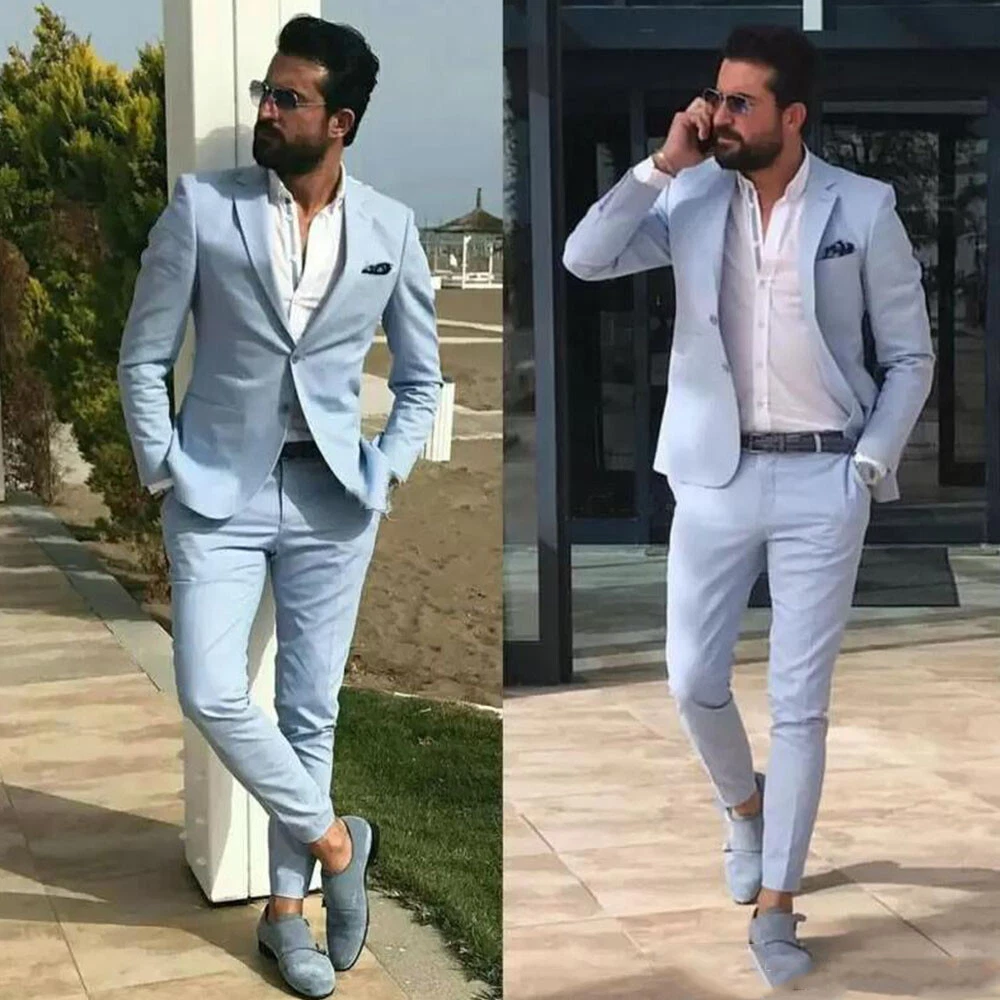 Light Blue Men Suit Pants Wedding Party Groom Blazer Business Officer Wear  Coat