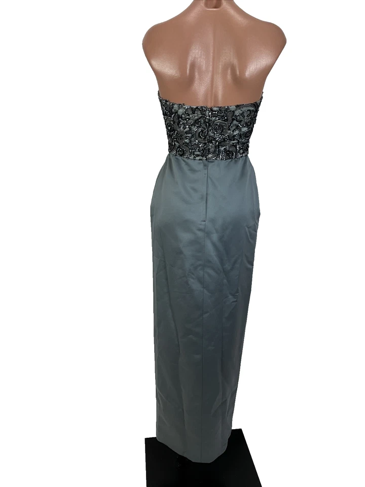 Vintage 80s Victor Costa Gray Satin Lace Embellished Strapless Evening Gown 2 - Image 2 of 4