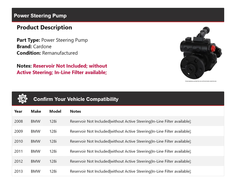 Bomba de dirección asistida Cardone para BMW 128i 2008-2013 2009 2010 2011 2012 Foto 2 de 4