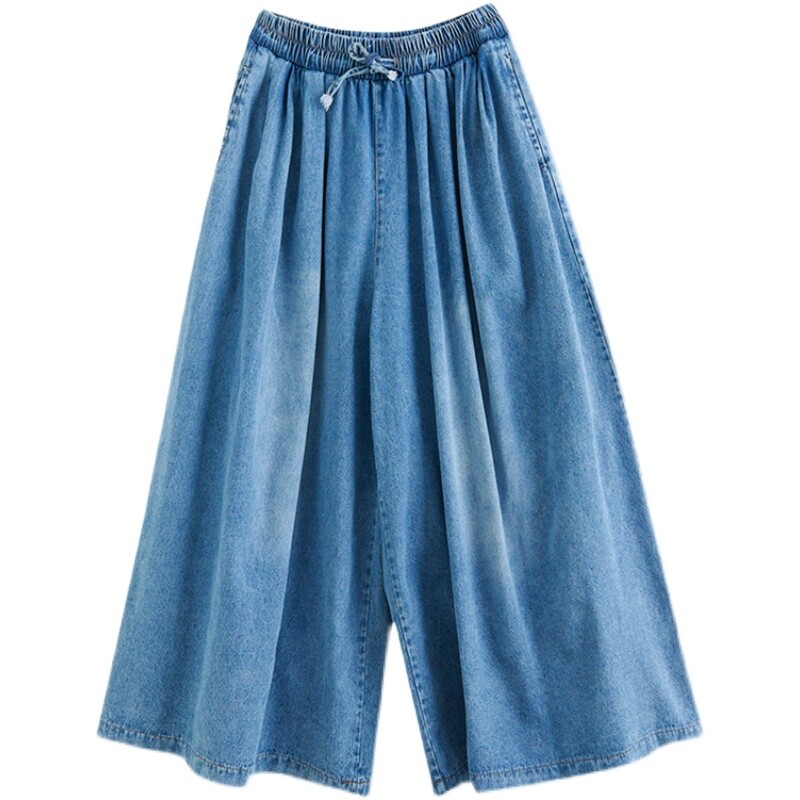 Lady Denim Culottes Jeans Loose Casual Flared Wide Leg High Waist