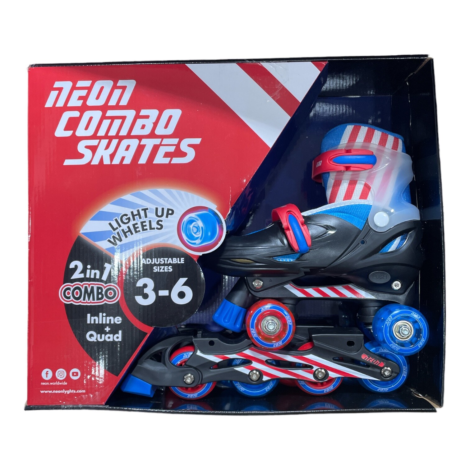 Неоновые комбинированные коньки, колеса с подсветкой, регулируемые размеры 3–6, красный/синий *Открытая коробка*