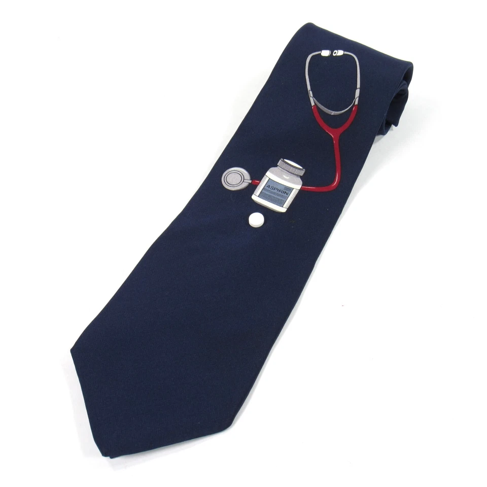 Corbata de seda para hombre Vicky Davis "Toma dos" aspirina tema médico azul marino nueva con etiquetas Foto 3 de 4