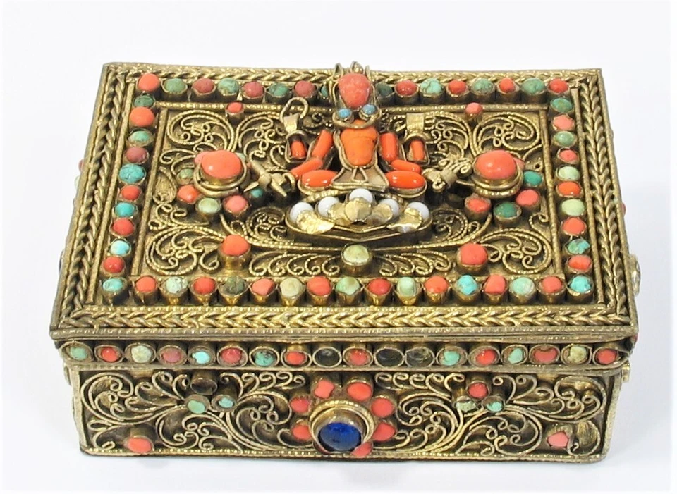 Joya Tibetana Incrustada Caja Dorada Buda Sentado Oro Lavado Antiguo GRAN REGALO Foto 2 de 4