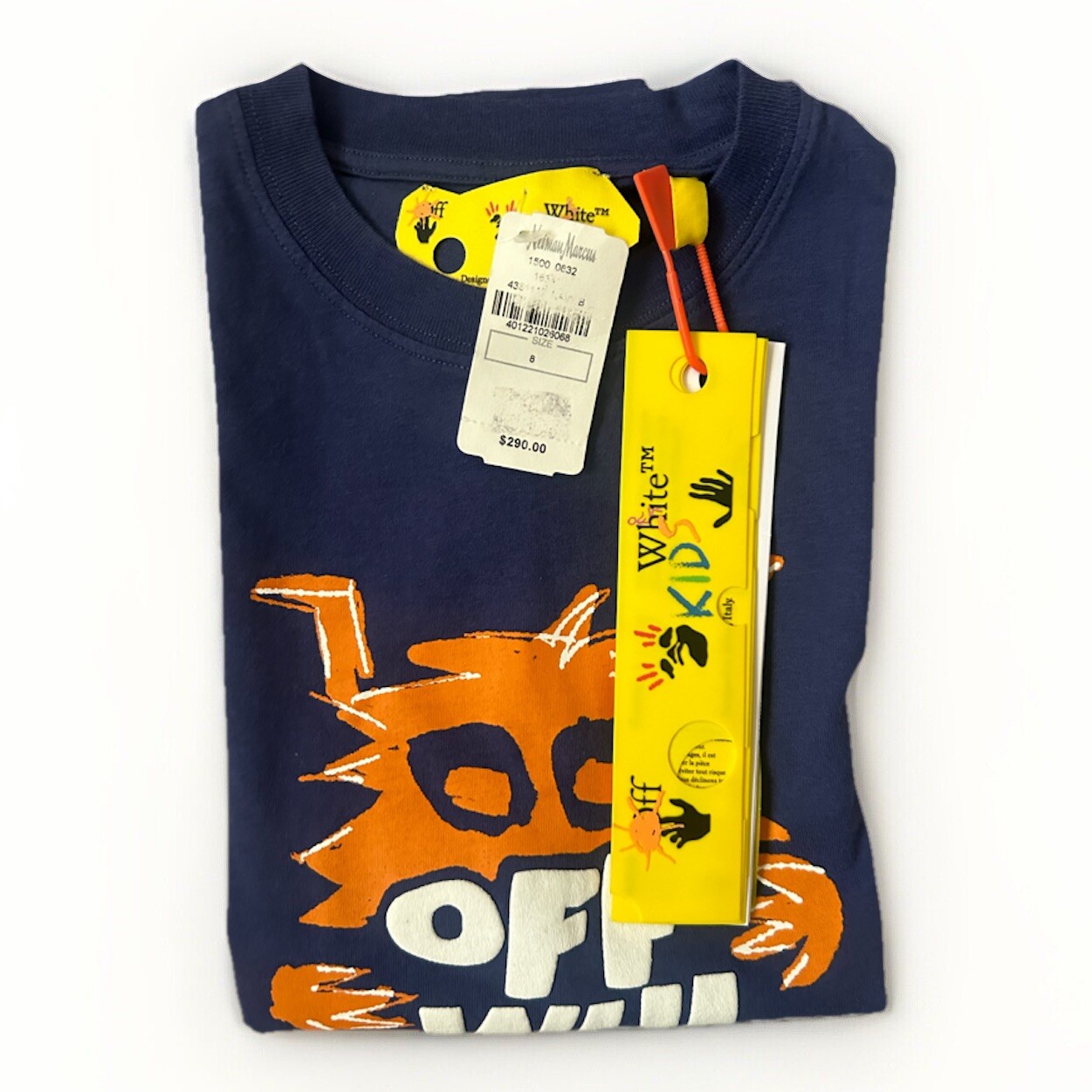 $290 Off White Kids Boy's Blue Monster Logo-print Long Sleeve T-shirt Top SZ 8 image 3