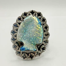 Amy Kahn Russell Fish Ring Sterling Blue Druzy Quartz Carved Drusy 925 Sz 9.5