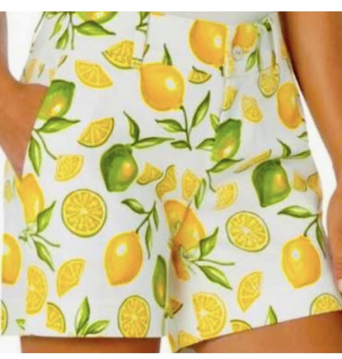 Isaac Mizrahi Womens Shorts 8 White Cotton Stretch Yellow Lemon/Lime Casual