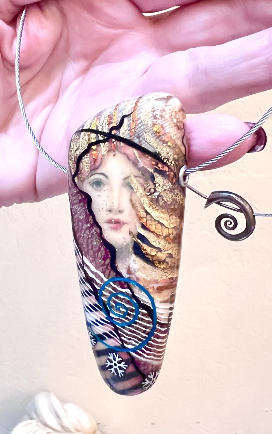 AMAZING Artisan Sterling Silver & Hand Painted FIMO Pendant & Collar Necklace