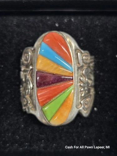 Julius Burbank Vintage Navajo OLD PAWN 11G Sterling Silver multistone Ring 8.5