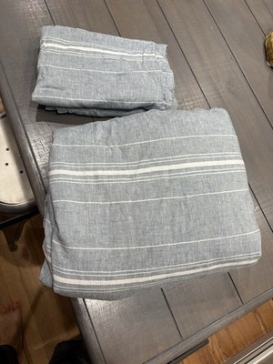 Pottery Barn HENDERSON TENCEL LINEN Blend STRIPE Blue Queen Duvet Cover + Shams