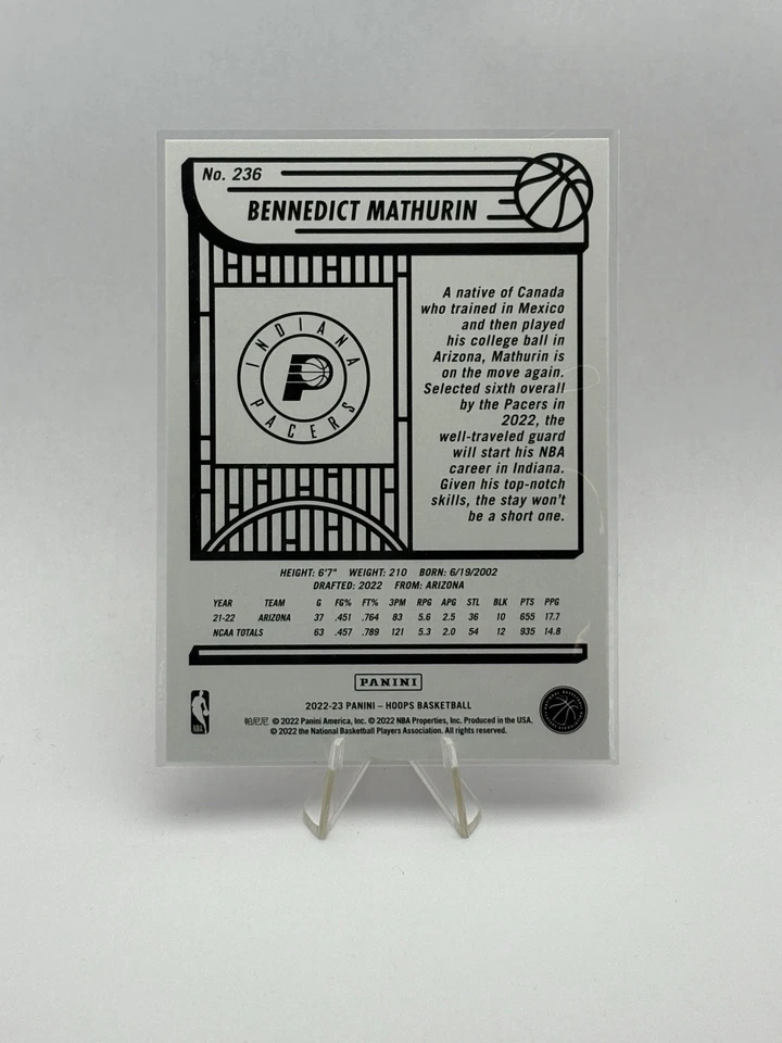 2022-23 NBA Hoops Rookie Card Bennedict Mathurin RC Indiana Pacers #236 - Image 2 of 2