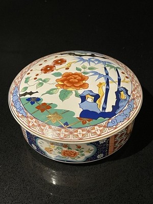 70s Japanese IMARI Ware Porcelain Lidded Round Trinket Box Nagoya Nat. Silver Co