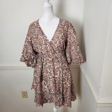 New Mink Pink Jedda Wrap Dress Size Large Womens Boho Peasant Puff Sleeve Mini