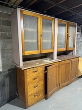 Antique Hoosier-Style Bakers Cabinet with Slag Glass Panel Doors