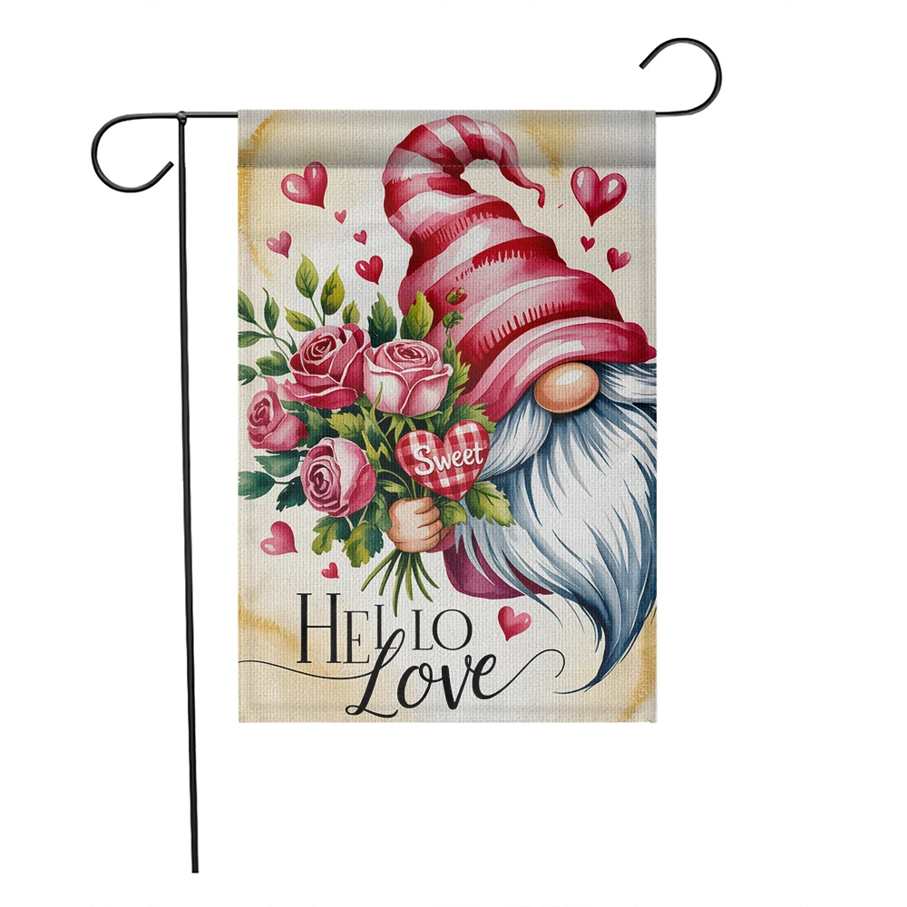 Hello Love Valentine's Day Garden Flag Gnome Pink Rose Bouquet Yard Decor Banner