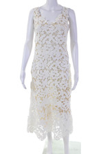 Oscar De La Renta Womens Back Zip Leaf Embroidered Overlay Dress White Beige Siz