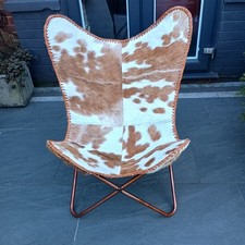 Brown & White Goat Hair Leather Butterfly Chair With Copper Effect Stand