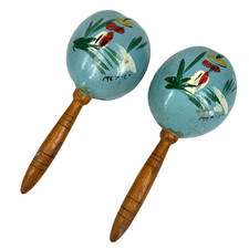 Wooden Meracas 8" Hand Made Shakers Genuine Mexico Real Vintage Blue Set of 2