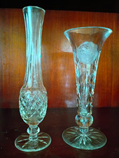 Set of 2 Clear Glass Flower Vases, Etched Floral Pattern, Trumpet Shape