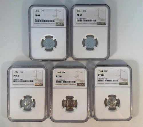 1960-1964 Silver Proof Roosevelt Dime 10 Cents NGC Certified PF 68 Coins (2112)