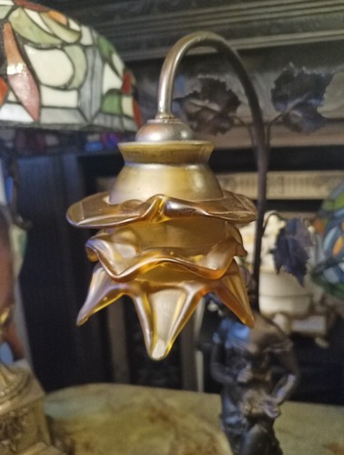 * ART NOUVEAU ART DECO BRONZE EFFECT LADY LAMP WITH Amber Glass SHADE - Picture 7 of 13