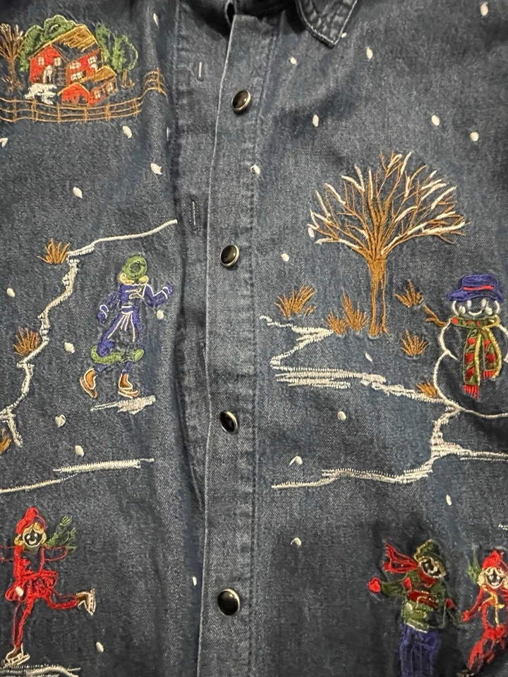 Jean vintage Bill Blass caprichoso Navidad/Invierno abotonado. Mujer Talla Mediana Foto 3 de 3