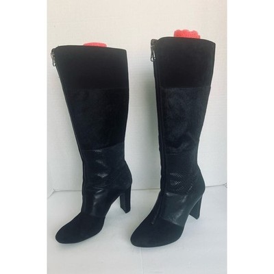 Anne Klein Black Leather Calf Hair Snake Skin Front Zip High Heel Boots Sz 7.5M