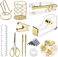 EOOUT Gold Acrylic Office Supplies Set with Stapler, Holders, and Accessories