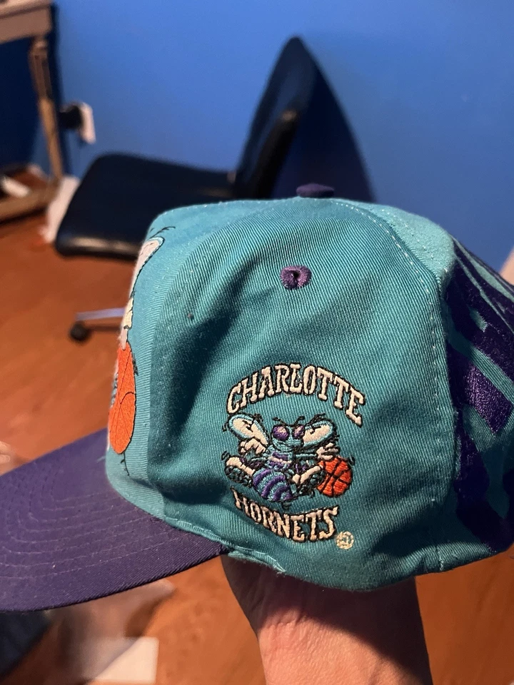 Vintage Charlotte Hornets Snapback Hat Teal & Purple Cartoon Hugo Graphic 90s - Image 3 of 4