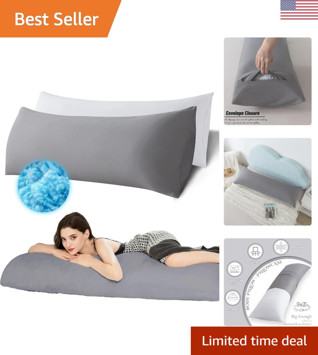 Memory Foam Body Pillow with Removable Cover - Full Size Support for Adults